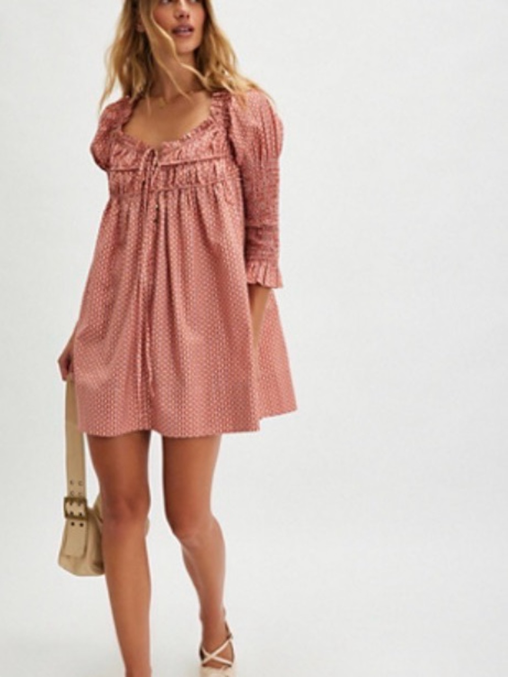 Free People Star Dip Mini Dress Retro Print Pink Orange Puff Sleeve Boho Medium